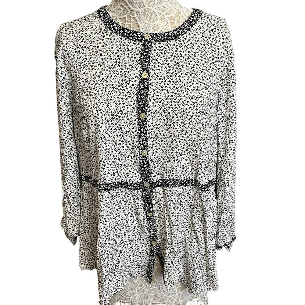 J.Jill Black White Floral Button Front Top Size XL | Peasant Blouse Cottagecore